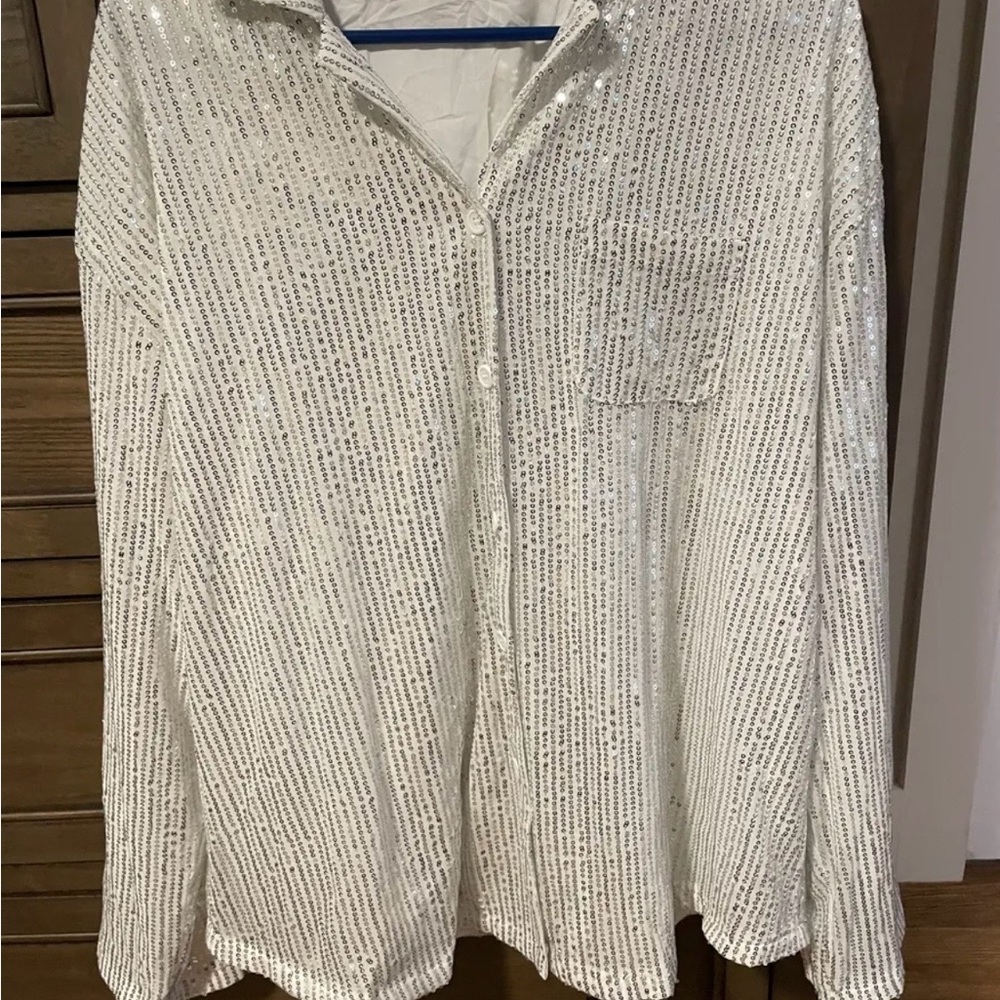 Amazon White Sequin Button-Down Shirt